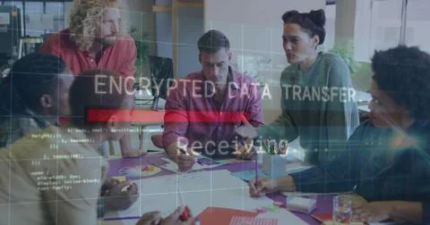 Six professionals collaborating at conference table, with encrypted data 写真素材