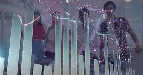 Six professionals studying 3D bar charts and line graphs in glass walled room, Fotos Stock