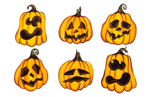 Six pumpkins with different emotions painted on white paper. Isolated. Stock Illustration