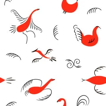 Six red birds seamless pattern. National scandinavian paintings. Folk Stock Illustration