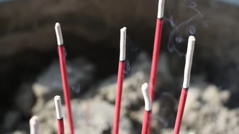 Six Red Burning Incense Stock Footage 173655151