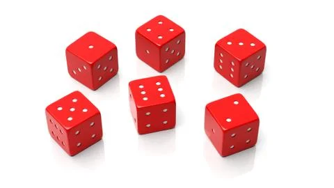 Six red dices with one to six numbers, isolated on white background Stock Photos