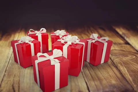 Six red gift boxes with white ribbons are showing on wooden plank in 3D gradient Stock Illustration