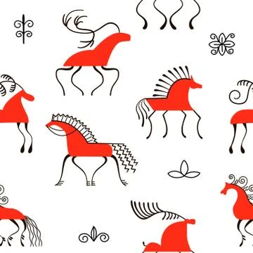 Six red horses seamless pattern. National scandinavian paintings. Folk Stock Illustration