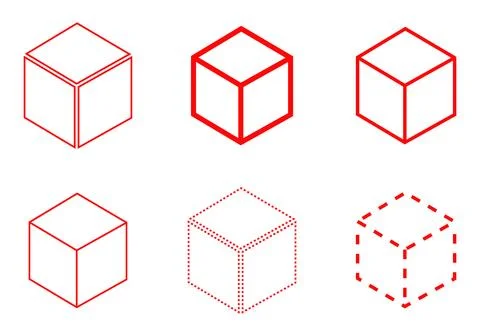 Six red line cubes in isometric perspective on white background geometric イラスト素材