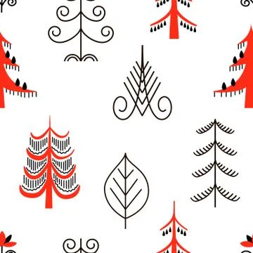 Six red trees seamless pattern. National scandinavian paintings. Folk Stock Illustration
