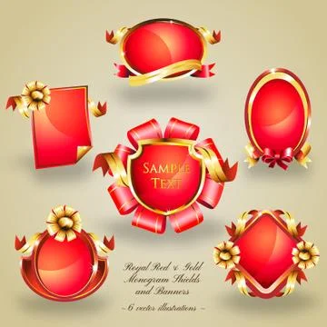 Six Regal Gold Monogram Shields and Banners Stock Illustration