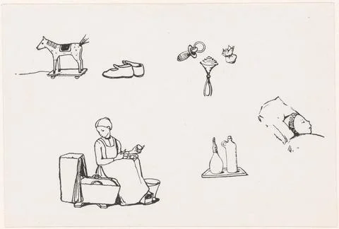 Six representations. Above left, clockwise: a toy horse on a shelf. Shoes.... 写真素材