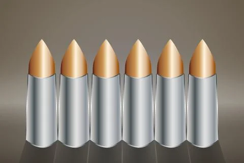 Six rounds of a copper bullet stand in a row Stock Illustration