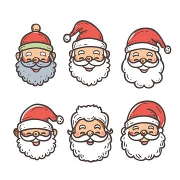 Six Santa Claus faces expressing different jovial emotions, all wear festive Stock Illustration
