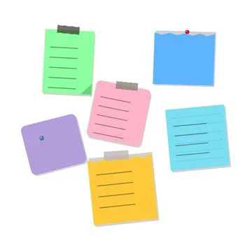 Six scattered sticky notes in various colors with tape and pushpins on whit.. Stockillustratie