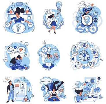 Six Scenes Depicting Cognitive Processes and Creativity in Modern Life Illustrazione stock
