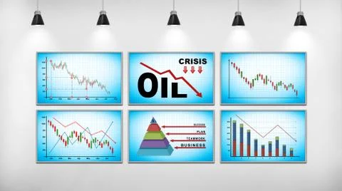 Six screen on wall with falling oil ?hart. 库存照片