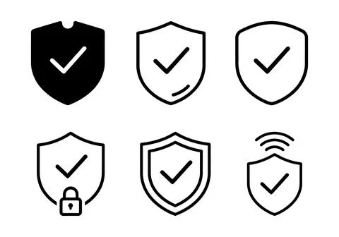 Six security shield icons with checkmarks and lock symbol Stock Illustration