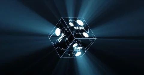 Six-sided rotating black die. Faces marked with dots and words Stock Illustration