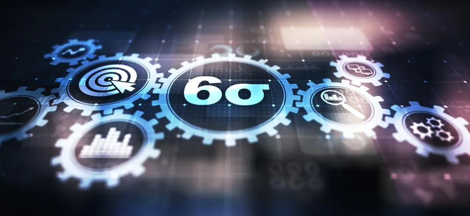 Six sigma DMAIC Industrial process optimisation concept on virtual screen. 库存插图