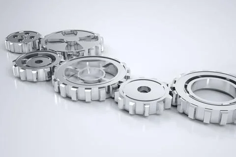 Six silver gears are aligning diagonally with varying diameters in 3D render on 스톡 일러스트