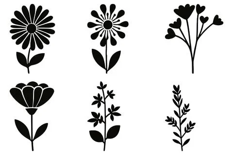 Six Simple Black Silhouettes of Various Flowers and Plants Illustrazione stock