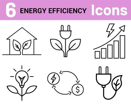 Six Simple Line Icons Representing Energy Efficiency. Vector illustration. Illustrazione stock
