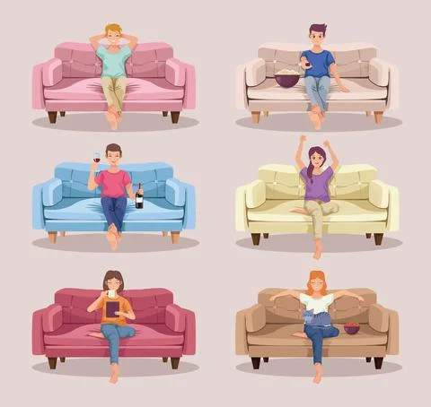Six singles persons in sofas Stock Illustration