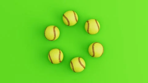 Six Softball Balls Rolling in Circular Loop on Green Background. Seamless 3D Stock Footage 339594679