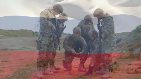 Six soldiers arriving on training ground unfolding map pointing landmarks Stock Footage 314183359