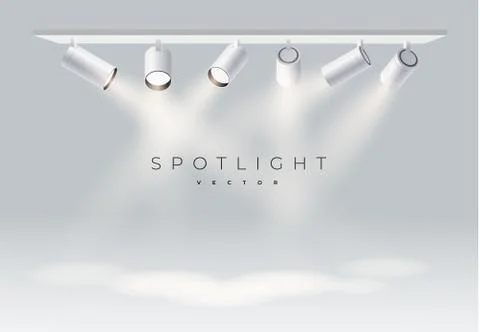 Six spotlights realistic random direction on panel with bright white light Stock Illustration