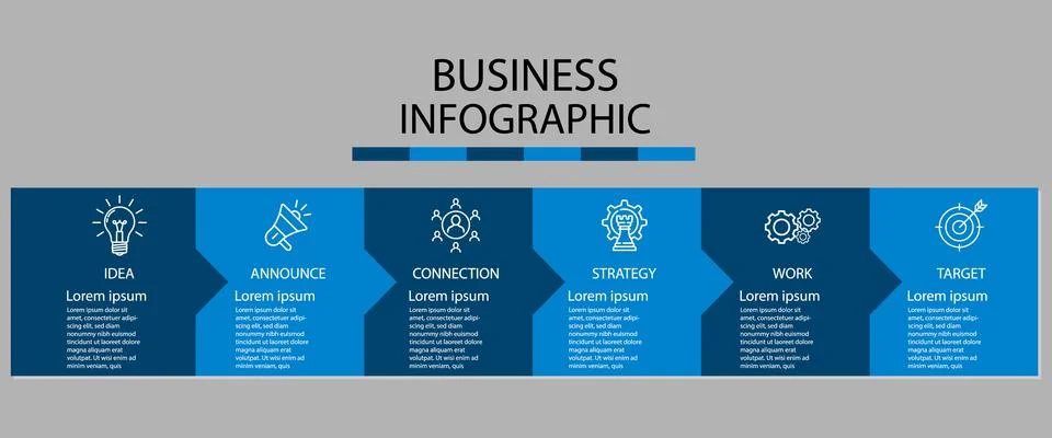 Six step horizontal blue workflow diagram for strategic business planning. Stockillustratie