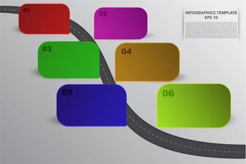 Six steps timeline infographics with 3D rectagle objects in various colors Stock Illustration