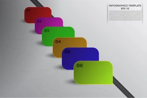 Six steps timeline infographics with 3D square objects in various colors Stock Illustration