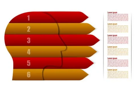 Six steps timeline infographics in head shape with arrows and text. Stock Illustration