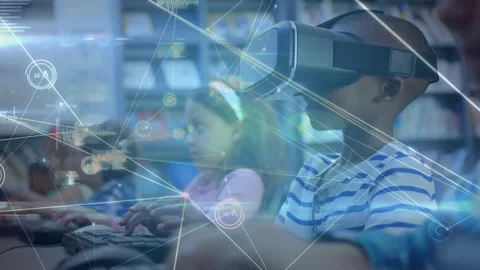 Six students placing VR headsets in library starting education VR class with Stock Footage 326189558
