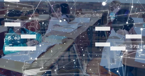 Six students on teacher cue noting while network visuals and codes overlaying Stock Footage 311141557