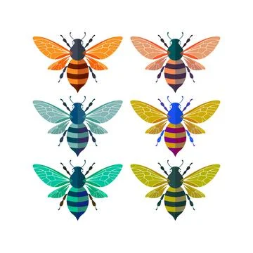 Six stylized honey bee vector illustrations each with a distinct color comb.. Illustrazione stock