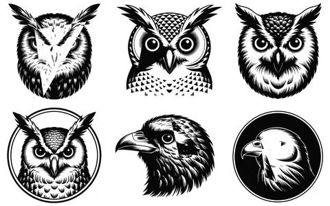 Six stylized owl and eagle heads in black and white Stock Illustration