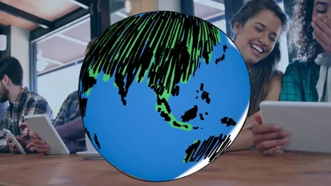 Six tech team tapping tablets, sketch forming over table into globe rotating to Stock Footage 333967524