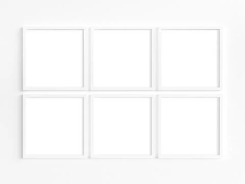 Six thin square white frames on a light wall Stock Photos