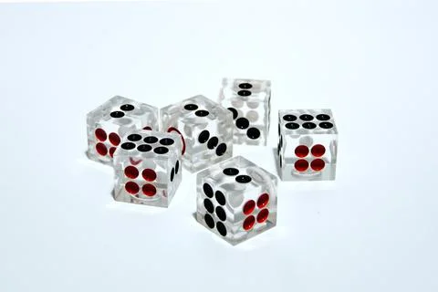 Six translucent dice on a white background Illustrazione stock