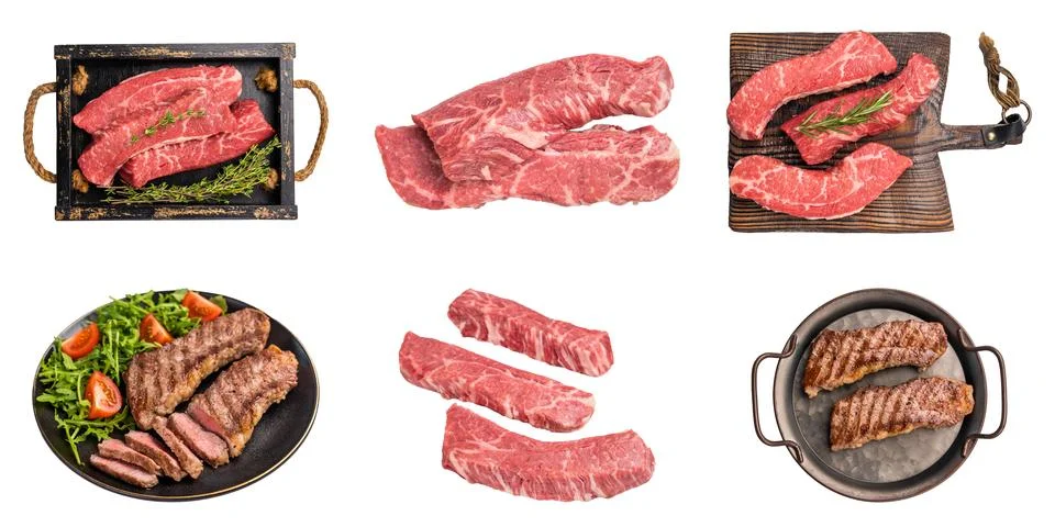 Six tri tip beef presentations comparing raw cuts sliced meat and grilled s.. Stock Photos