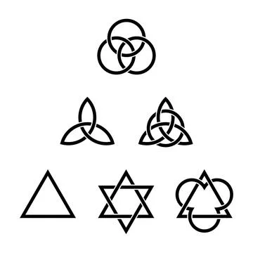 Six Trinity symbols, formed by triangles, triquetras, and circles Stock Illustration