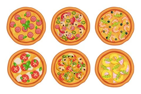 Six types of pizza on a white background Stock Illustration