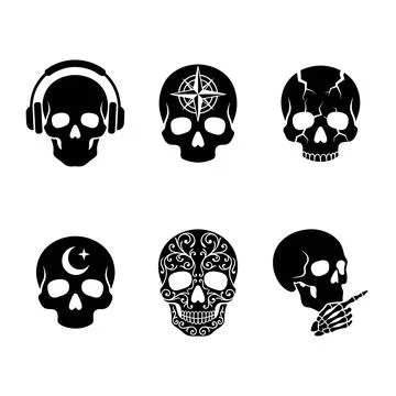 Six unique black skull vector illustrations with varied designs: headphones, Stock Illustration
