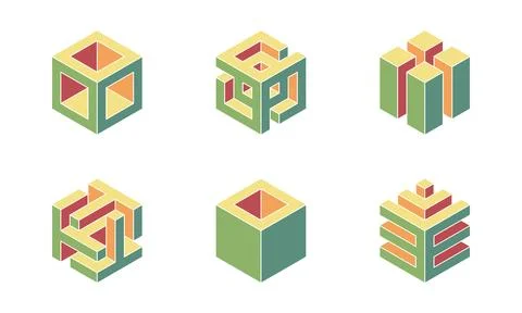 Six unique isometric cube designs in muted pastel tones.  Perfect for brandin Stock Illustration