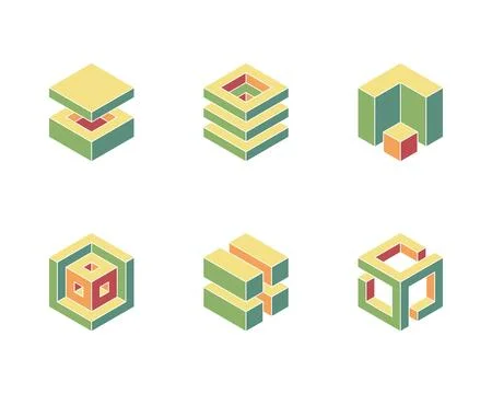 Six unique isometric cube designs in muted greens, yellows, and reds.  Perfec Stock Illustration