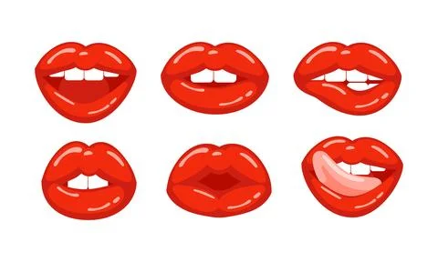 Six variations of womans red lips showing different facial expressions like Stock-Illustration