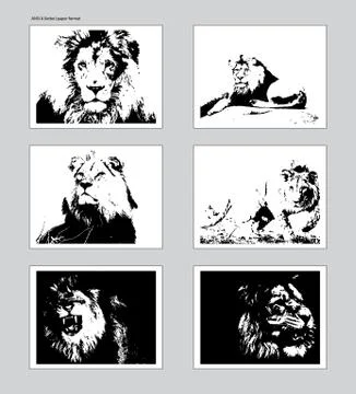 Six vector posters with traced lion heads. Ansi A format mockup Illustrazione stock