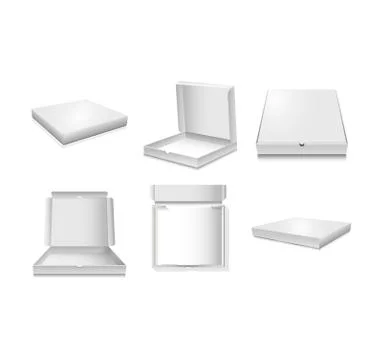 Six vector template of cardboard pizza boxes in different projections isolate Stock Illustration