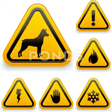 Six warning symbols with icons in shine style. Stock Illustration
