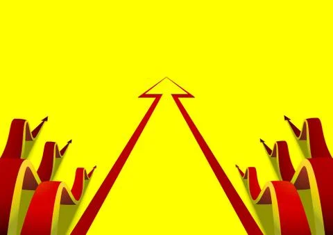 Six wavy arrows creeping along beside the flat yellow arrow Stock Illustration