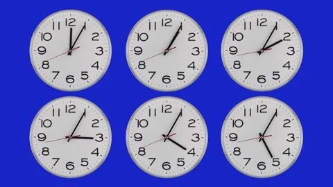Six white clocks in time lapse on blue background Stock Footage 145463877